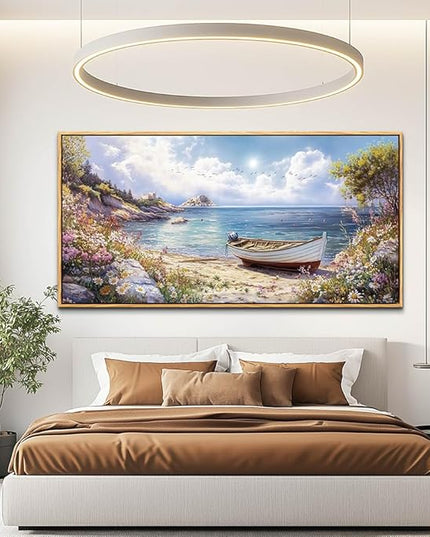 Wood Farmed Canvas Wall Art For Living Room Large Wall Decor For Office Bedroom Decorations The Sea Boat Landscape Pictures Farmhouse Painting Artwork Room Wall Mural Aesthetic Home Decor 30x60 In