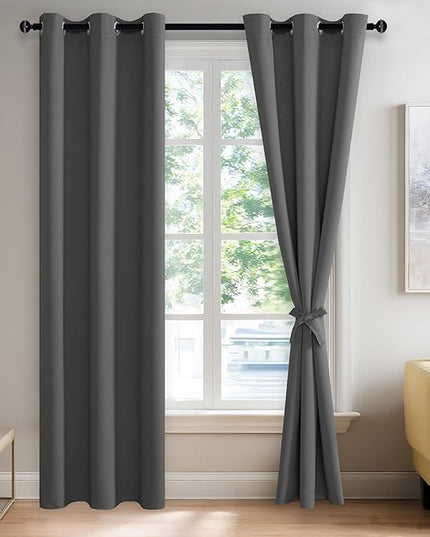 JIUZHEN Blackout Curtains with Tiebacks - Thermal Insulated, Light Blocking and Noise Reducing Grommet Curtain Drapes for Bedroom and Living Room, Set of 2 Panels, 42 x 84 Inches Long, Dark Grey