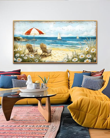 ERQINHUA Large Wall Decor Canvas Painting Wall Art For Living Room Bedroom Home Decoration Blue Seaside Landscape Painting Print For office Dining Room Bathroom Wall Aesthetics Wood Frame 30x60 In