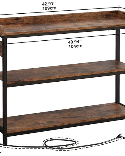IRONCK Console Table, Sofa Table with Power Outlet, Farmhouse Hallway Table for Entryway, Living Room, Height Adjustable, Easy Assembly, Rustic Brown, 43"