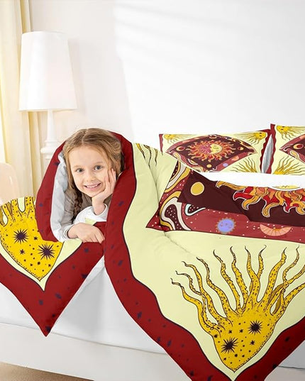 Sun Moon Kids Comforter Set Full Size,Starry Sky Galaxy Psychedelic Bedding Set,Boys Girls Adults Room Decor,Bohemia Exotic Geometric Creative Down Comforter,Red Retro Duvet Insert,2 Pillowcases