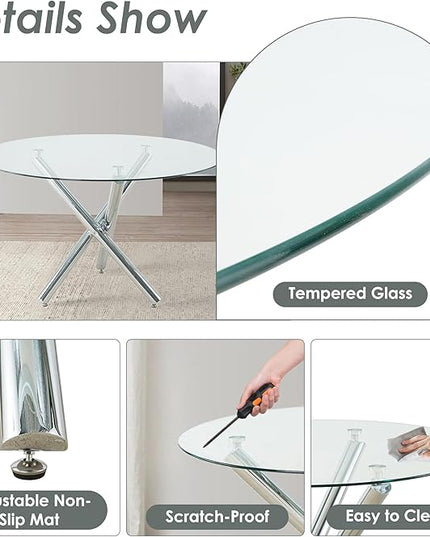 Modern Luxury Round Glass Dining Table Set for 4, 47'' Clear Circle Glass Top Kitchen Set, 5 PCS Large Minimalist Circular Dinner Room Set, Black Woven Chair, for Breakfast Nook (Silver)