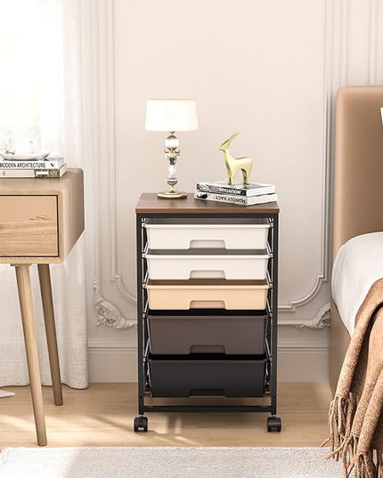 Utility Cart with 5 Drawers,Storage Drawer Cart with Wooden Tabletop and Lockable Wheels,Craft Storage Trolley Cart,5-Tier Rolling Utility Cart on Wheels,Dark Brown