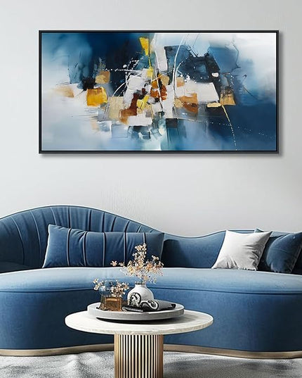 Abstract Canvas Wall Art Navy Blue Wall Art for Living Room Framed Modern Artwork for Walls, Above Bed Wall Decor Navy and Gold for Bedroom and Living Room Office Pictures Wall Decor 20×40IN