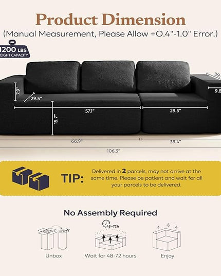 106" 3-Seater Sofa, Cloud Modular Sofa with Certified Foam, Upholstered Floor Sofa with Deep Seat, Upholstered Sofa for Bedroom Living Room, No Assembly Required (Black, Teddy Boucle)