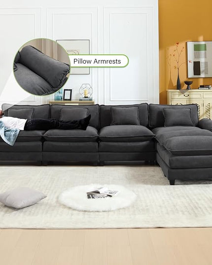 154" Modular Sectional Sofa, Comfy Cloud Couch Sectional Sofa with Ottoman, Velvet Sofa Sleeper Deep Seat Sofa with Throw Pillows for Living Room (Blue Gray, 154"- U Shape)