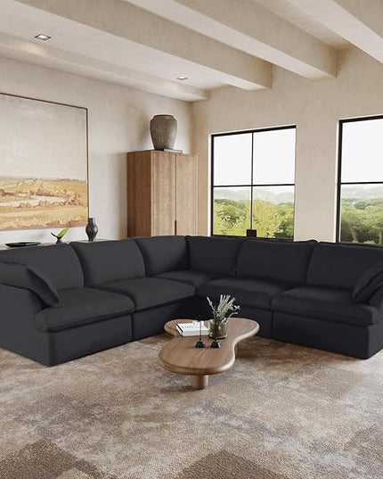 JACH V Shape Modern Sectional Couch, Convertible Sectional Sofas Couches, Minimalist Deep Seat Sofa, Down Fill Modular Sofas for Living Room, Office, Apartment (5-Seat, Black)