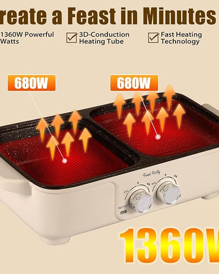 Food Party Hot Pot Electric Grill 2 in 1 Korean BBQ Grill Indoor Smokeless Hotpot Pot Electric Cooker Sahabu Shabu Pot Non Stick (Small)