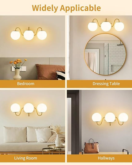 3 Lights Vintage Bathroom Vanity Light Fixtures Over Mirror, Brushed Gold Vanity Lights For Bathroom With Milk White Glass Globe Shade, Wall lights For Bedroom, Hallway, Dressing Table,Includ G9 Bulbs
