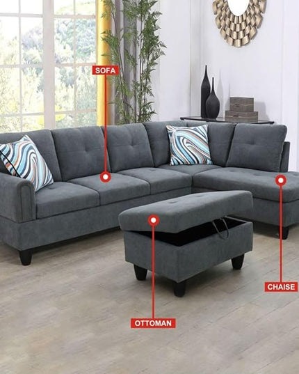 Dark Grey 3 Piece Sectional Sofa Set L Shaped Flannel Couch with Storage Ottoman Modern Upholstered Sofa for Living Room Office