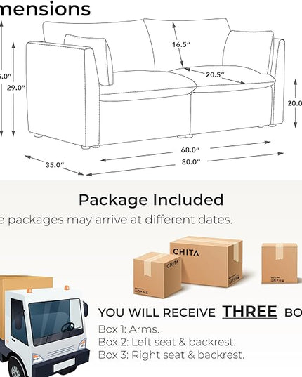 CHITA Luxury Oversized Loveseat Sectional Sofa Couch, Premium Down Filled Modular Sectional Sofa, FSC Certified, 80‘’ Width, 2 Seat Cloud Couch for Living Room, Cream