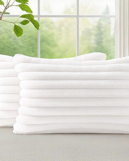 decorUhome Faux Fur Spring Throw Pillow Covers 12x20 Set of 2, Decorative Soft Plush Striped Lumbar Neutral Couch Euro Pillow Covers with Velvet Back for Sofa, Bed, Living Room Home Decor, White