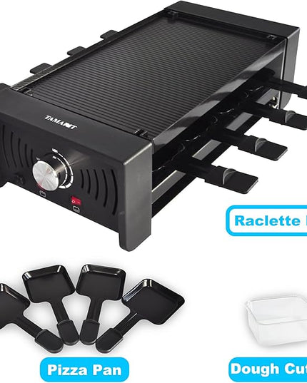 TAMARIT Raclette Party Grill Portable Indoor Electric Korean BBQ Grill 2 in 1 Raclette Table Griddle with Nonstick Coating Plate 4 Pizza Pans 8 Cheese Trays Upper and Lower Heater, PFAS-No