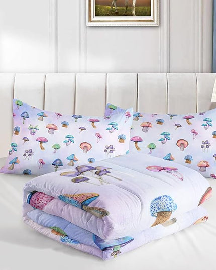 3 Piece Colorful Mushroom Comforter Set with 2 Pillow Covers,Cartoon Colorful Gradient Lightweight Soft Bedding Quilt Set for Girls Boys Kids,Full Pink Violet