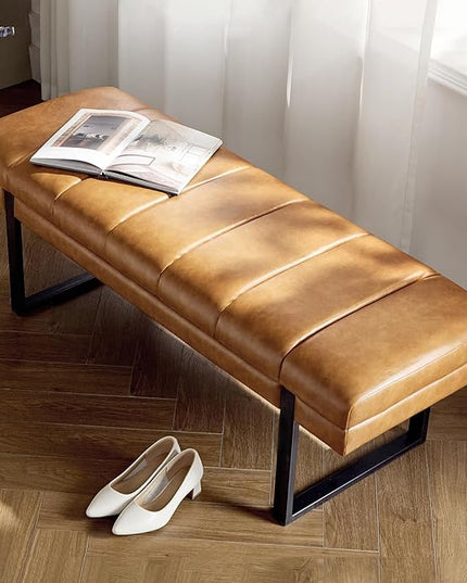 HULALA HOME 53" Faux Leather Entryway Bench, Button Tufted End of Bed Bench Ottoman for Bedroom, Living Room with Metal Base,Camel