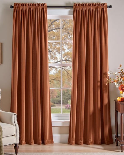 Lazzzy Velvet Blackout Curtains Thermal Insulated Room Window Drapes Super Soft Luxury Curtains for Living Room Bedroom Rod Pocket 2 Panels, Burnt Orange, 52" W x 90" L