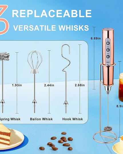 YUSWKO Rose Gold Handheld Milk Frother Wand with Stand for Coffee, Rechargeable Electric Whisk with 3 Heads 3 Speeds Drink Mixer Coffee Frother For Latte, Cappuccino, Hot Chocolate, Egg