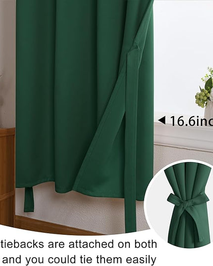 JIUZHEN Short Curtains Kitchen Half Window Blackout Curtains with Tiebacks for Baseroom Shadows, Grommet Curtains for Living Room, Set of 2 Window Curtain Panels, 52 x 36 Inch Length，Forest Green