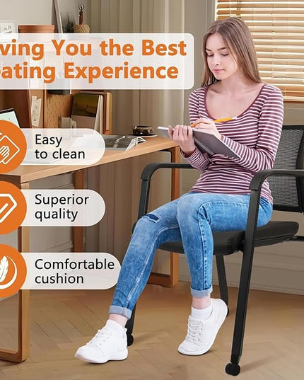 CLATINA Stacking Office Chair with Wheels, Mesh Back Waiting Room Guest Chairs with Arms Comfortable Leather Cushion Stackable Desk Chair for Conference Reception School Side Stationary, Black, 8 PK
