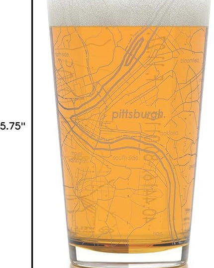 Well Told Engraved Pittsburgh Pennsylvania Map Pint Glass, Etched Beer Gift (16 oz, Clear) City Map Pint, Custom City Glassware, Gifts For Beer Lovers