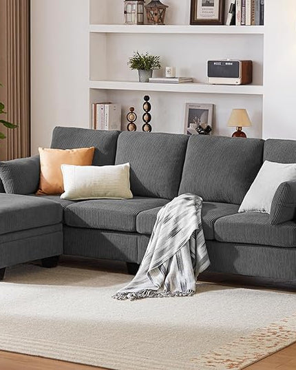 CHIC HOUSE Corduroy Modular Sectional Couch with Ottoman Chaise, L/U Shaped Sleeper Sofa for Living Room, Apartment, Lounge, Modern Armrest Neck Support Furniture (5 Seater Sectional, Dark Grey)