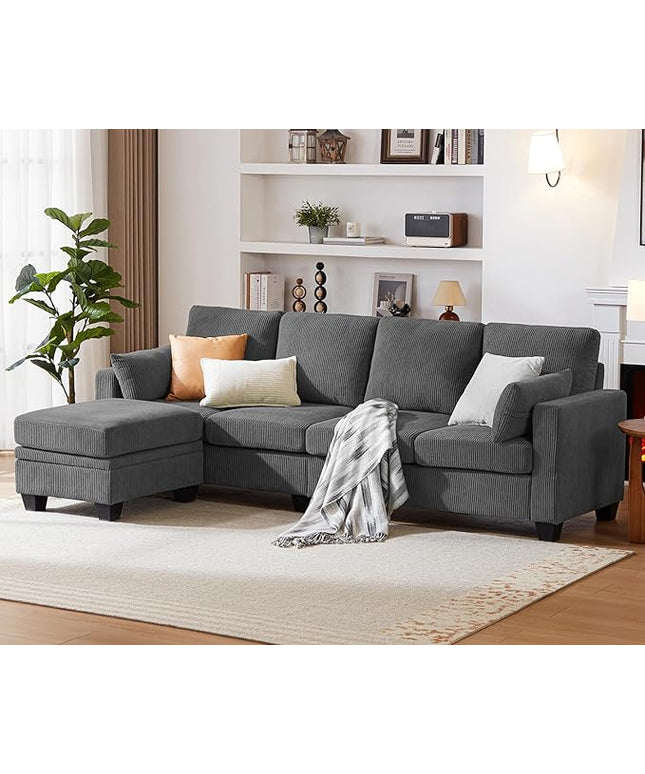 CHIC HOUSE Corduroy Modular Sectional Couch with Ottoman Chaise, L/U Shaped Sleeper Sofa for Living Room, Apartment, Lounge, Modern Armrest Neck Support Furniture (5 Seater Sectional, Dark Grey)