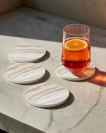 VEYRO Coasters Set of 6 for Drinks – Absorbent Ceramic Stone Drink Coasters with Cork Backing for Coffee Table & Desk, Modern Marble Look Cup Coaster Set, Housewarming Gift for New Home