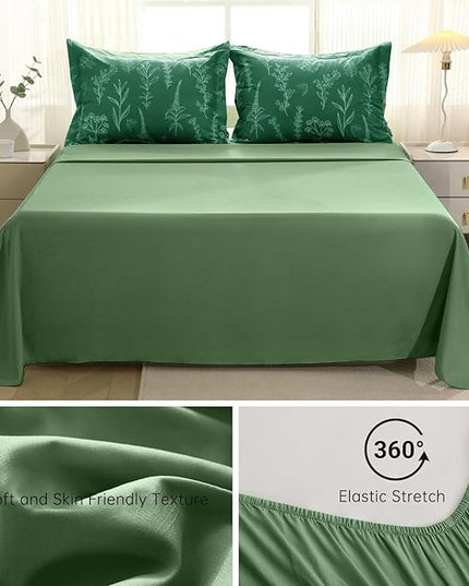 MUXHOMO Emerald Green Bed in a Bag Queen 7 Pieces, Queen Comforter Set Reversible Botanical Flowers Design, Ultra Soft & Breathable Bedding Sets with Comforter, Sheets, Pillowcases & Shams