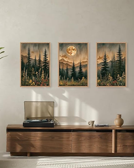 HOURIA Vintage Boho Nature Moonlight Forest Mountain Framed Canvas Wall Art Set,Wilderness Dark Moon Woodland Floral Decor,Retro Wildflower Field Landscape Artwork for Living Room,Farmhouse-24 x36 x3