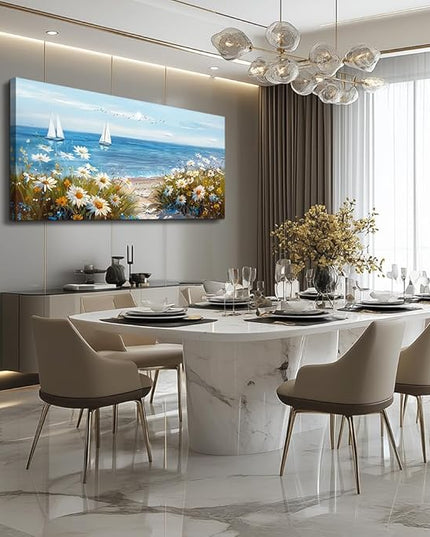 PHAOHUAXM Home Decor Printing Canvas Picture Blue Ocean Landscape Painting Wall Art For Living Room Farmhouse Dinin Mural White Flowers Bedroom Office Wall Decoration Artwork Easy To Hang 20x40 In