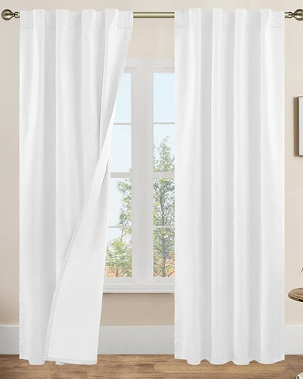 LAMIT White 100% Blackout Linen Curtains 84 Inches Long, Linen Textured Living Room Bedroom Curtains Full Room Darkening Back Tab and Rod Pocket Panels with White Liner, 2 Panels, 38 x 84 Inch