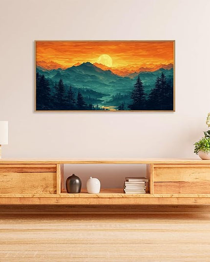 HOURIA Large Sunrise Mountain Forest Landscape Framed Canvas Wall Art Set,Orange Sky Green Ridge Wall Decor,Nature Pine Tree Artwork,Boho Watercolor Art Print for Living Room, Bedroom- 40"x20"x1