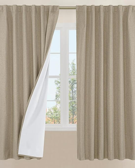 LAMIT 100% Blackout Natural Linen Curtains, 68 Inches Linen Textured Thermal Bedroom Curtains Back Tab and Rod Pocket Neutral Panels with White Liner for Farmhouse, 2 Panels, 52 x 68 Inch, Taupe