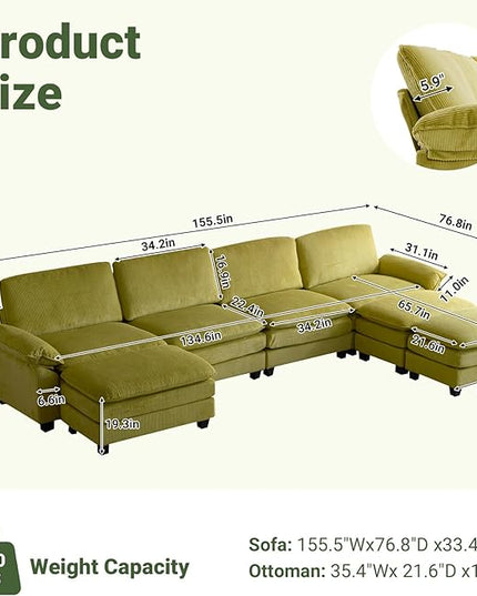 VINGLI 156" Cloud Corduroy Sectional Sofa, Comfy L-Shaped Extra Deep Seat Sofa Couch for Living Room,Modern 4-Seat Convertible Loveseat Sofa with Three Ottomans for Small Space(Olive Green)