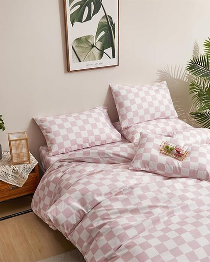 CLOTHKNOW Pink White Plaid Comforter Set Twin/Twin XL Grid Bedding Comforter Sets All Season Soft Checker Comforters with 2 x Pillow Cases
