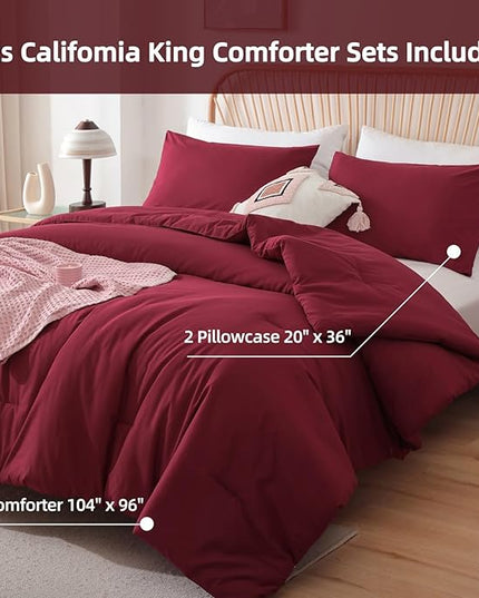 ROSGONIA California King Comforter Set Dark Red, 3pcs (1 Boho Red Cal King Comforter & 2 Pillowcases) All Season Lightweight Bedspread Bedding Blanket