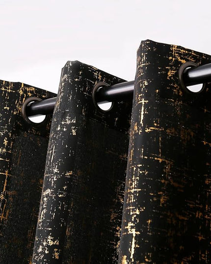 Taisier Home Gold Foil Print Linen Textured Curtains Geometric Dots Pattern Design Curtains for Nursery Toy Room Thermal Insulated Window Treatment 2 Panels 45" L,Black and Gold Curtain Print