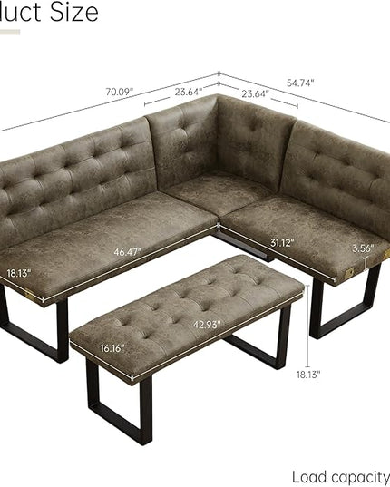 Modern L-Shaped Dining Bench, Vintage Fabric Upholstered Corner Sofa with Metal Legs for Kitchen Nook, Living Room, Dining Room (Brown)