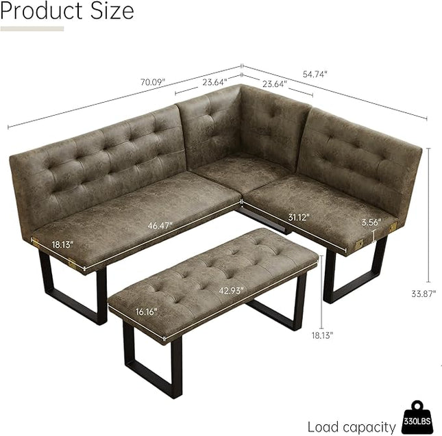 Modern L-Shaped Dining Bench, Vintage Fabric Upholstered Corner Sofa with Metal Legs for Kitchen Nook, Living Room, Dining Room (Brown)