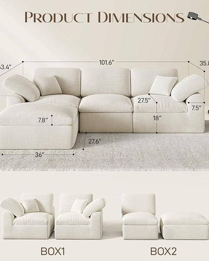 Cloud Sectional Couches for Living Room, L Shaped Modular Sectional Sofa with Ottoman, Convertible Corduroy Couch for Apartment, 4 Seater Boneless Comfy Cloud Sofa, No-Assembly, Cream