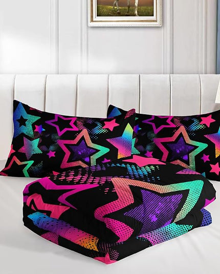 Kawaii Color Star Comforter Set Kids Bedroom Set,Neon Light Star Bedding King Size Comforter Sets for Boys Girls Room Decor,Aesthetic Bedding Sets with 2 Pillowcases.