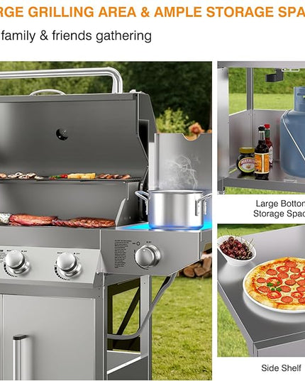 4 Burner Propane Gas Grill with Side Burner, Stainless Steel Gas Grill with Built-in thermometer & Enameled Cast Iron Grates, 58,000 BTUs Output for Outdoor Cooking and Patio Backyard Barbecue