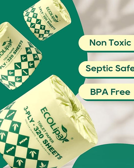 ECOLipak Bamboo Toilet Paper 3 Ply, Septic Safe Toilet Tissue, 12 Double Rolls, 320 Sheets Per Roll, Tree Free, Non Toxic, Soft and Absorbent, Eco Friendly Dye-Free Paper, White