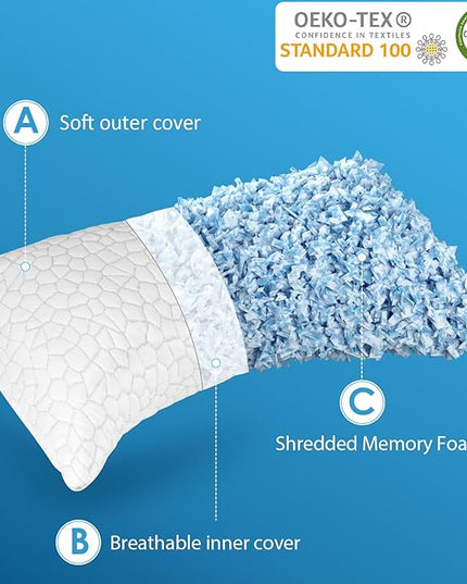 SUPA MODERN Cooling Pillows for Side Sleepers, Cool Side Sleeper Pillow for Neck Pain Relief, Luxury Shredded Memory Foam Pillows 2 Pack, Adjustable Gel Cervical Neck Pillow Queen Size Set of 2