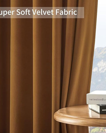 Joydeco Camel Brown Velvet Curtains 63 inch Length 2 Panels, Luxury Blackout Rod Pocket Thermal Insulated Window Curtains, Super Soft Room Darkening Drapes for Living Room Bedroom,W52 x L63 inches