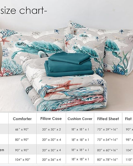 Bedbay 8 Pieces Nautical Bedding Set Sea Turtle Full Size Comforter Set with Sheets Turquoise Comforter Retro Turtle Bedding Set for Kids Boys Girls Ocean Themed Soft Fluffy Bed Set(Ocean,Full)