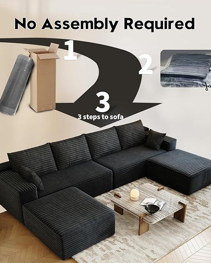 139.4" Modular Sectional Sofa, U-Shaped Minimalist Couches with 2 Ottomans Chaise, Modern Deep Seat Convertible Sleeper Sofa Bed,Cloud Plush Corduroy Fabric, No Assembly Required, 6 Seater, Black