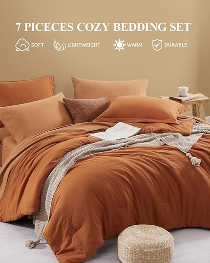 WRENSONGE Queen Comforter Set- 7 Pieces Soft Burnt Orange Bed in a Bag with Fitted Sheet, Flat Sheet, 2 Shams, and 2 Pillowcases-Warm Bed Sets Fall Comforter for All Seasons