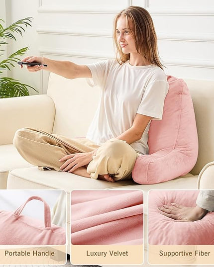 Sasttie Reading Pillow, Velvet Back Pillow for Bed Sitting Up, Adult Back-Rest Support Cushion with Arms for Sit Up on Couch, Sofa, and Floor, Dorm Essentials, Reading Accessories, Peach