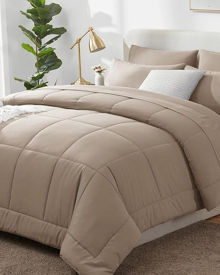 CozyLux Full Size Comforter Sets Khaki, 7 Pieces Bed in a Bag, Khaki Comforter Full Size, All Season Bedding Sets with Stitch Quilted Comforter, Flat Sheet, Fitted Sheet, Pillowcases